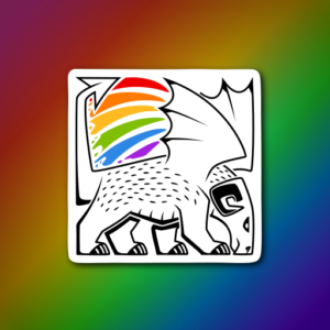 A sticker design of an abstract ram-like dragon in black and white, except for a rainbow emerging from behind its wings