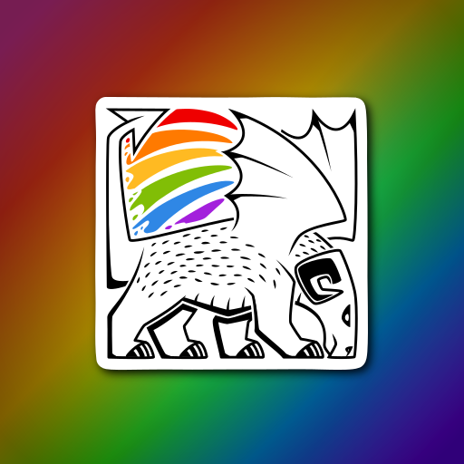 A sticker design of an abstract ram-like dragon in black and white, except for a rainbow emerging from behind its wings