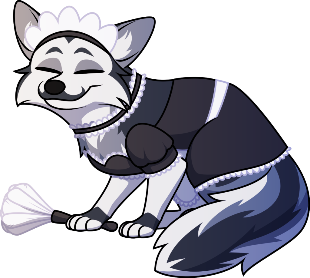 A grinning non-anthropomorphic marbled fox wearing a french maid costume and holding a feather duster