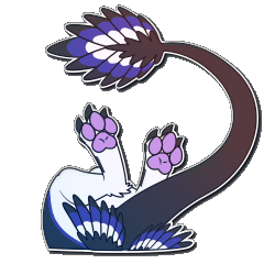A small animation of an avali character's tail and feet wiggling haphazardly