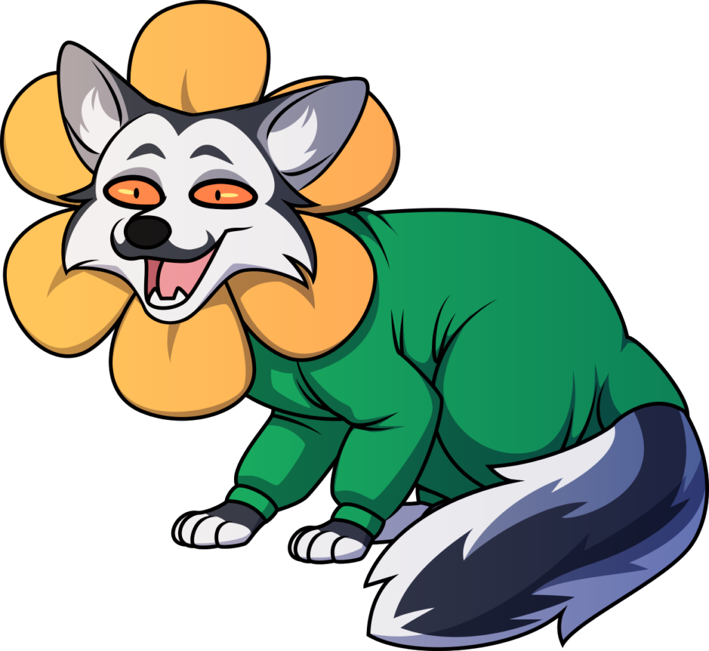 A grinning non-anthropomorphic marbled fox wearing a full-body green suit with large yellow flower petals surrounding his face