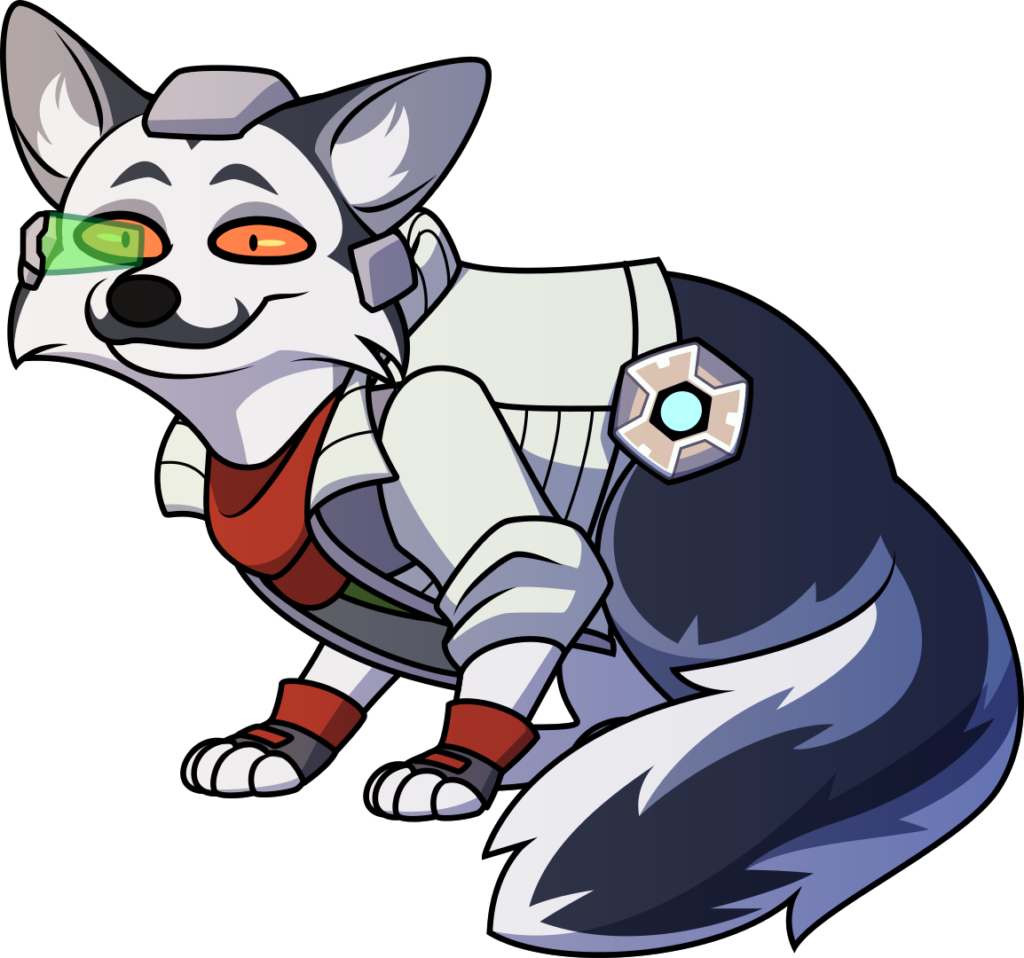 A grinning non-anthropomorphic marbled fox dressed in the jacket and accessories of Fox McCloud from the Starfox video games