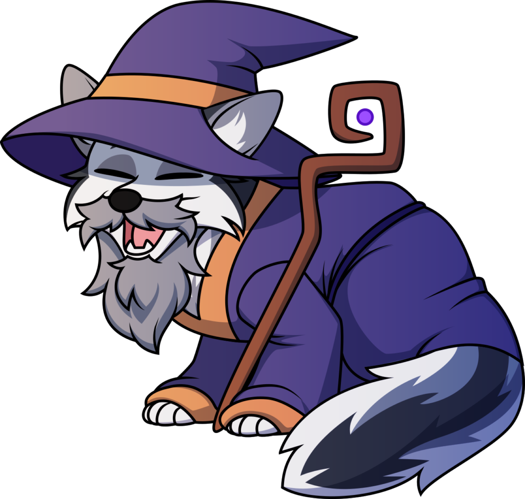 A grinning non-anthropomorphic marbled fox wearing a wizard robe and hat, holding a twisted wooden staff, and sporting a large gray beard