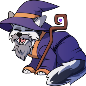 A grinning non-anthropomorphic marbled fox wearing a wizard robe and hat, holding a twisted wooden staff, and sporting a large gray beard