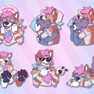 A collection of small portraits of an anthropomorphic dog. In them, they press their paws to their cheeks and say "cuuuute!" while surrounded by hearts; cuddle in bed with a shorter character who is facing them; cuddle in bed with a shorter character who is facing away from them; sit on the ground, showing off their feet paws; wear shades while grinning and pointing finger-pistols; and receive a back massage from another character.