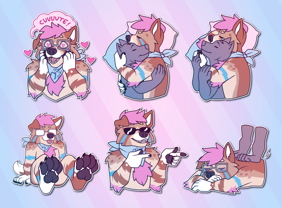 A collection of small portraits of an anthropomorphic dog. In them, they press their paws to their cheeks and say "cuuuute!" while surrounded by hearts; cuddle in bed with a shorter character who is facing them; cuddle in bed with a shorter character who is facing away from them; sit on the ground, showing off their feet paws; wear shades while grinning and pointing finger-pistols; and receive a back massage from another character.