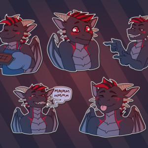 A collection of Telegram stickers of an anthro dragon. In them, he wears an apron and oven mitts while presenting a pan of brownies; blushes and looks taken aback; grins while pointing finger pistols; grins while saying "mmmm hmmm!"; and playfully sticks out his tongue.