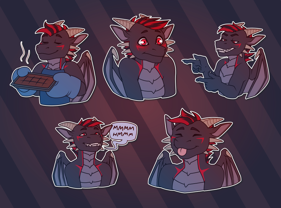 A collection of Telegram stickers of an anthro dragon. In them, he wears an apron and oven mitts while presenting a pan of brownies; blushes and looks taken aback; grins while pointing finger pistols; grins while saying "mmmm hmmm!"; and playfully sticks out his tongue.