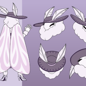 A reference sheet for an anthro Wainscot moth named Thixi Servedio. She stands 6 feet and 6 inches, and wears a large brimmed hat, a delicately embroidered double-slit dress, and high heeled shoes. She has a fluffy mane around her neck and her wings hang from her shoulders like a cape. Her mouth is typically hidden. The ref sheet shows expressions such as happy, angry, hiding beneath her hat, and looking down haughtily. She can also be seen without her clothes, showing her segmented carapace more clearly.