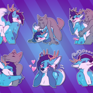A collection of Telegram stickers of an anthro fox/deer hybrid. In them, he bends down and lifts his tail to show his anus and genitals; gets pinned to the floor and fucked by another character; gets fucked by another character against a wall; hugs another character tightly; blushes and wags his tail; and howls "awooooo".