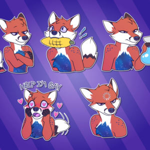 A collection of Telegram stickers of an anthro fox with galaxy markings on her chest. In them, she smugly crosses her arms; excitedly grasps a cob of corn in her mouth; threateningly holds up a spray bottle; blushes with heart eyes while wagging her tail and saying "help I'm gay"; and looks confused and disgruntled with a loading circle on her forehead.