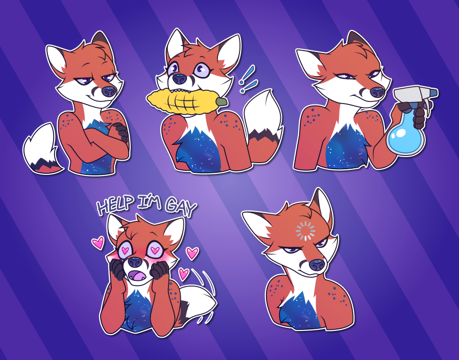 A collection of Telegram stickers of an anthro fox with galaxy markings on her chest. In them, she smugly crosses her arms; excitedly grasps a cob of corn in her mouth; threateningly holds up a spray bottle; blushes with heart eyes while wagging her tail and saying "help I'm gay"; and looks confused and disgruntled with a loading circle on her forehead.