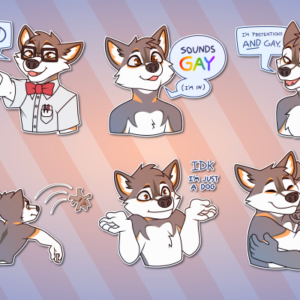 A collection of Telegram stickers of an anthro husky/German shepherd. In them, he eagerly snaps his teeth while saying "chomp!"; points and shouts "nerd!" while dressed in thick glasses, a bowtie, and a button-down shirt with pocket protector; says "sounds gay (I'm in)"; swirls a glass of champagne while saying "I'm pretentious AND gay."; looks up with large pleading eyes while holding a leash in his mouth; happily flops over a massive block of ice that says "COLD" on it; hucks another character far into the distance; shrugs blankly while saying "IDK I'm just a dog"; hugs another character; and grins maniacally while holding up a large kitchen knife.