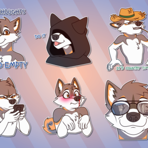 A collection of Telegram stickers of an anthro husky/German shepherd. In them, he looks forward blankly with his tongue sticking out and the text "no thoughts, head empty"; wears a dark cloak and says "do it"; wears a straw hat with a piece of grass in his mouth and says "it's country time"; looks at his phone, flummoxed; looks surprised while blushing and with blood dripping from his nose; and grins confidently while wearing shades, in the reflection of which can be seen another character tied up in the trunk of a vehicle.