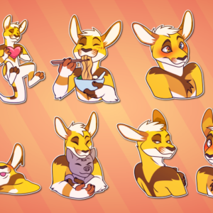 A collection of telegram stickers of an anthro kangaroo. In them, he snuggles with another character; balances on his tail while holding up a heart; slurps a bowl of ramen; blushes and looks surprised; hugs another character and says "good boy"; melts into a puddle of liquid; hugs a character from behind while resting his head on top of theirs; looks over his shoulder with a flirty expression; and blushes while his nose bleeds.