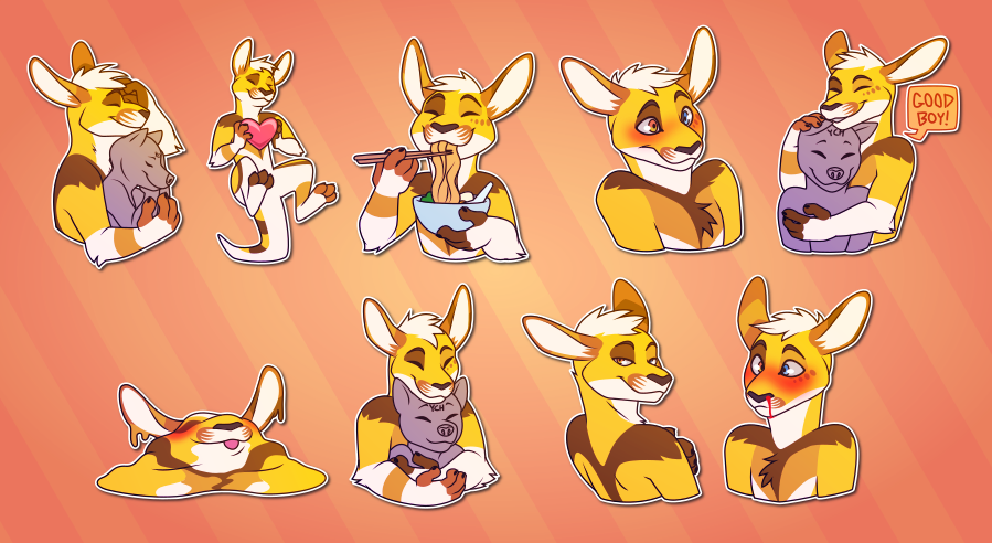A collection of telegram stickers of an anthro kangaroo. In them, he snuggles with another character; balances on his tail while holding up a heart; slurps a bowl of ramen; blushes and looks surprised; hugs another character and says "good boy"; melts into a puddle of liquid; hugs a character from behind while resting his head on top of theirs; looks over his shoulder with a flirty expression; and blushes while his nose bleeds.