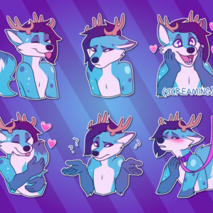 A collection of Telegram stickers of an anthro fox/deer hybrid. In them, he playfully sticks out his tongue; looks dejectedly to the side; holds his hands to his cheeks surrounded by hearts, with the text "(screaming)" below; hugs his own fluffy tail, surrounded by hearts; shrugs, looking confused; and blushes while tugging at a collar around his neck, attached to a leash.