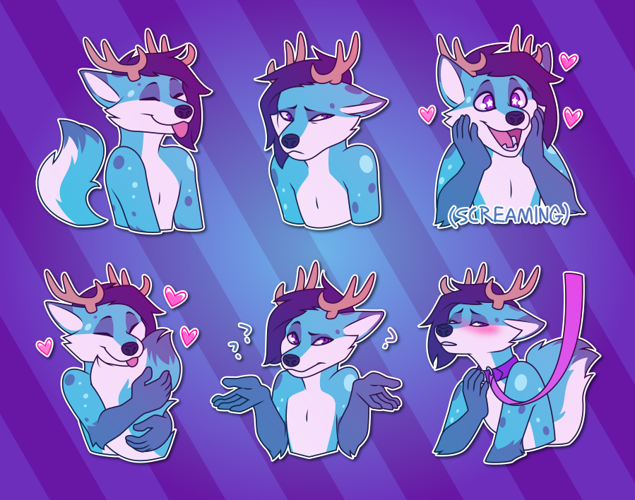 A collection of Telegram stickers of an anthro fox/deer hybrid. In them, he playfully sticks out his tongue; looks dejectedly to the side; holds his hands to his cheeks surrounded by hearts, with the text "(screaming)" below; hugs his own fluffy tail, surrounded by hearts; shrugs, looking confused; and blushes while tugging at a collar around his neck, attached to a leash.