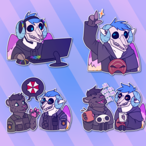 A collection of Telegram stickers of an anthro winged sheep monster with a skull for a face. In them, they wear a hoodie and sit at a computer with RGB glowing headset, mouse, and keyboard; snap their hoof-fingers while dressed as Emet-Selch from Final Fantasy; talk about the Umbrella Corp from Resident Evil with a snow leopard friend while dressed as characters from the game; and look annoyed while talking to a laughing snow leopard friend while both of them drink tea and wear Sophist robes from Final Fantasy.