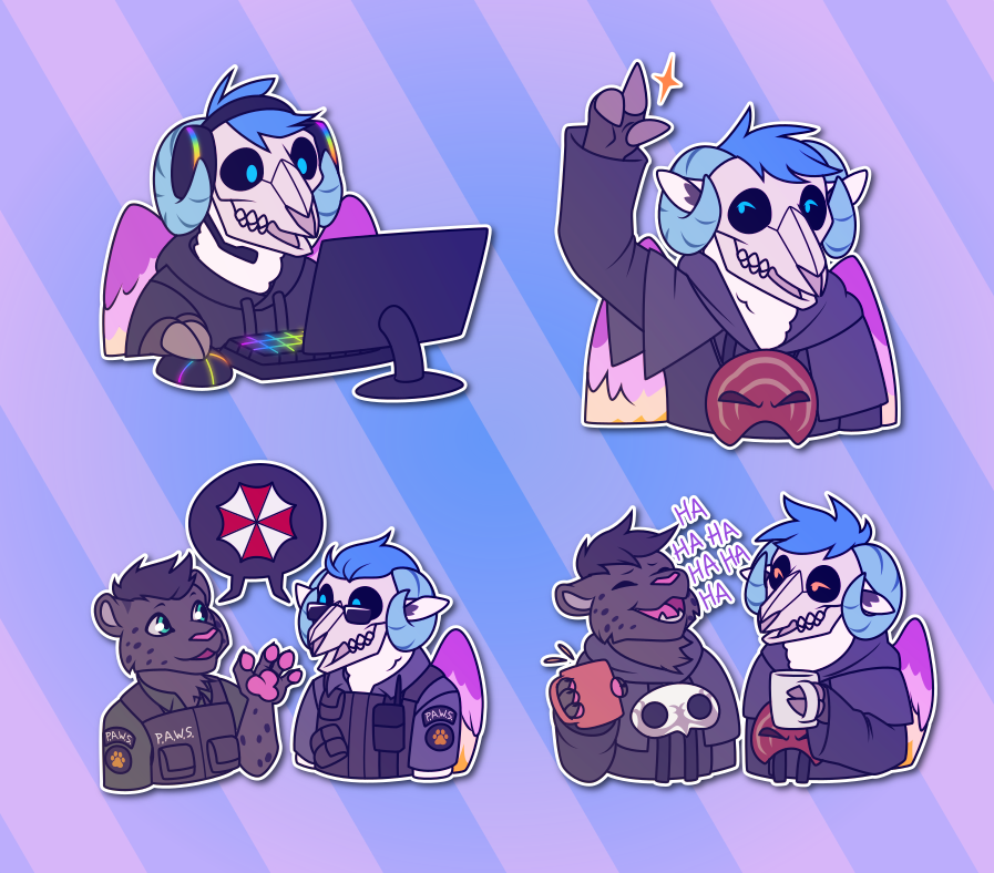 A collection of Telegram stickers of an anthro winged sheep monster with a skull for a face. In them, they wear a hoodie and sit at a computer with RGB glowing headset, mouse, and keyboard; snap their hoof-fingers while dressed as Emet-Selch from Final Fantasy; talk about the Umbrella Corp from Resident Evil with a snow leopard friend while dressed as characters from the game; and look annoyed while talking to a laughing snow leopard friend while both of them drink tea and wear Sophist robes from Final Fantasy.