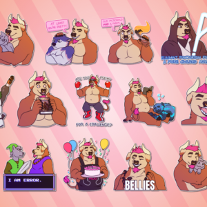 A collection of telegram stickers of an anthro dog/bull hybrid. In them, they hug a smaller character and lick their face; pat their husky partner on the head and say "at least you're pretty"; hold up a molotov cocktail with a wild look in their eyes and say "old McDonald *had* a farm."; hold up a lightsaber shaped like an interrobang while dressed as a Jedi, saying "elegant punctuation for a more civilized age."; hold up their arms in a "praise the sun" gesture, dressed in the armor of Solaire of Astora from Dark Souls; hold up a copy of their book while looking excited; shout "are you asking for a challenge?" while dressed as Stinkoman from Homestar Runner; sit on the ground reading a book while their Tiger partner sleeps on their leg; hold up a tiny character to their mouth, threatening to eat them; say "I am error" to a character dressed as Link from the Legend of Zelda games, while themself dressed as a villager from the game; proudly hold up a birthday cake surrounded by balloons and confetti; squint and hold up their hands like the Ancient Aliens guy, saying "bellies."; and hug a plushie version of another character.
