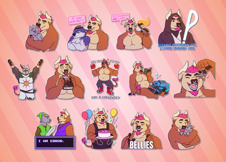 A collection of telegram stickers of an anthro dog/bull hybrid. In them, they hug a smaller character and lick their face; pat their husky partner on the head and say "at least you're pretty"; hold up a molotov cocktail with a wild look in their eyes and say "old McDonald *had* a farm."; hold up a lightsaber shaped like an interrobang while dressed as a Jedi, saying "elegant punctuation for a more civilized age."; hold up their arms in a "praise the sun" gesture, dressed in the armor of Solaire of Astora from Dark Souls; hold up a copy of their book while looking excited; shout "are you asking for a challenge?" while dressed as Stinkoman from Homestar Runner; sit on the ground reading a book while their Tiger partner sleeps on their leg; hold up a tiny character to their mouth, threatening to eat them; say "I am error" to a character dressed as Link from the Legend of Zelda games, while themself dressed as a villager from the game; proudly hold up a birthday cake surrounded by balloons and confetti; squint and hold up their hands like the Ancient Aliens guy, saying "bellies."; and hug a plushie version of another character.