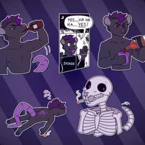 A collection of Telegram stickers of an anthro rat. In them, he chugs booze directly from the bottle; presses his face against a window saying "Yes... ha ha ha... yes!" while wearing a shirt that says "sickos"; pours whiskey into a mug of coffee while looking annoyed; lays on the floor defeated, with a lit cigarette still in his hand; and appears as an anthro rat skeleton while smoking a cigarette.