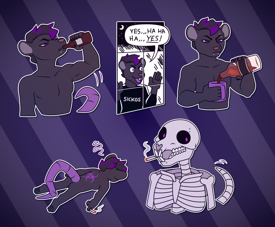 A collection of Telegram stickers of an anthro rat. In them, he chugs booze directly from the bottle; presses his face against a window saying "Yes... ha ha ha... yes!" while wearing a shirt that says "sickos"; pours whiskey into a mug of coffee while looking annoyed; lays on the floor defeated, with a lit cigarette still in his hand; and appears as an anthro rat skeleton while smoking a cigarette.