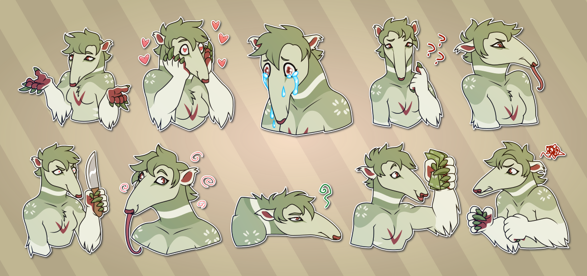 A collection of Telegram stickers of an anthro anteater. In them, shrug; hold their paws to their cheeks with hearts in their eyes; cry large tears while their long snout droops; ponder something puzzling; look disgusted and stick out their long tongue; hold up a knife with a sinister smile and rage in their eyes; stick out their tongue with a silly expression; flop on the ground looking disgrunted; excitedly hold up a fistful of cash; and look furious with balled up fists.