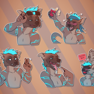 A collection of Telegram stickers of an anthro otter/hyena hybrid. In them, he lifts a pair of shades from his eyes and squints in confusion; waves around a solo cup of alcohol while clearly drunk and enjoying himself; looks sarcastic while doing "finger quotes"; points to his open, drooling maw; and wears a blindfold and ball gag while another character behind him says "good boy".