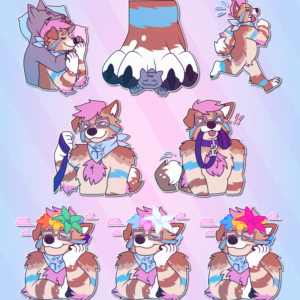 A collection of Telegram stickers of an anthro dog with glasses and a bandana. In them, they snuggle in bed with another character who hugs them from behind; gently smush a much smaller character beneath their paw; struggle while jogging; look down at the viewer while holding onto a leash; excitedly hold a leash, which is attached to their own collar, in their mouth; and look dreamy and wistful while wearing a flower crown in rainbow colors, transgender flag colors (blue, pink, and white), and pansexual flag colors (blue, yellow, and magenta).