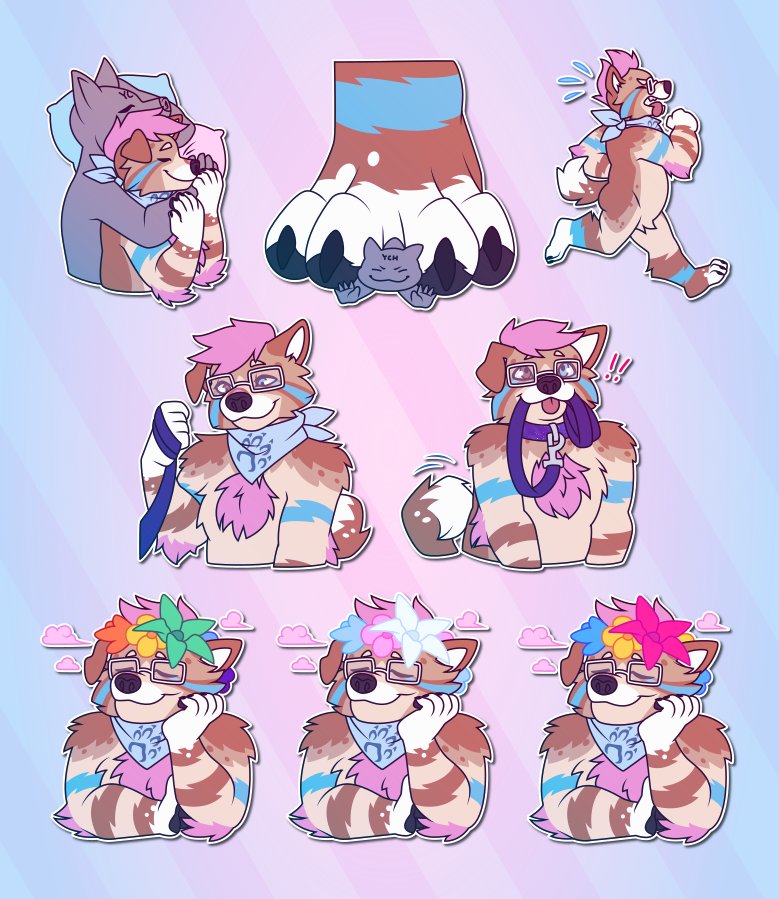 A collection of Telegram stickers of an anthro dog with glasses and a bandana. In them, they snuggle in bed with another character who hugs them from behind; gently smush a much smaller character beneath their paw; struggle while jogging; look down at the viewer while holding onto a leash; excitedly hold a leash, which is attached to their own collar, in their mouth; and look dreamy and wistful while wearing a flower crown in rainbow colors, transgender flag colors (blue, pink, and white), and pansexual flag colors (blue, yellow, and magenta).