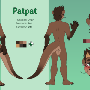 A reference sheet for an anthro otter character named Patpat. He's gay and accepts any pronouns. He has brown fur with darker brown forearms and tail tip, and a lighter brown muzzle and belly. He has medium-length dark hair with blond swept-up bangs, his whiskers are slightly curled into a mustache, he has a small dark brown beard, and he has green eyes and wears glasses. The sheet also shows him laughing, and happily blushing.