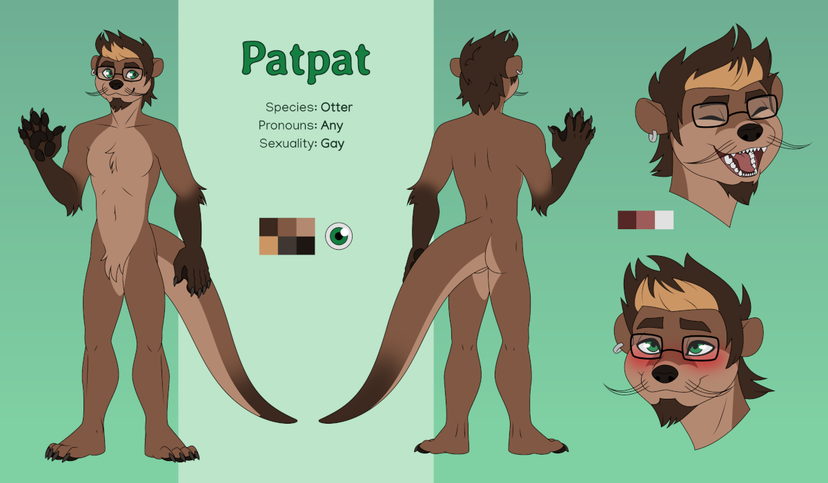 A reference sheet for an anthro otter character named Patpat. He's gay and accepts any pronouns. He has brown fur with darker brown forearms and tail tip, and a lighter brown muzzle and belly. He has medium-length dark hair with blond swept-up bangs, his whiskers are slightly curled into a mustache, he has a small dark brown beard, and he has green eyes and wears glasses. The sheet also shows him laughing, and happily blushing.