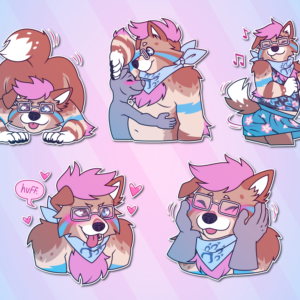 A collection of Telegram stickers of an anthro dog with glasses and a bandana. In them, they crouch on the ground and wiggle their tail and rump in the air as if about to pounce; press against a smaller character, who blushes and hugs their belly; dance and twirl in a floral skirt and tank top; lean forward with their tongue out, blushing and saying "huff"; and get their face smushed by another character's hands.