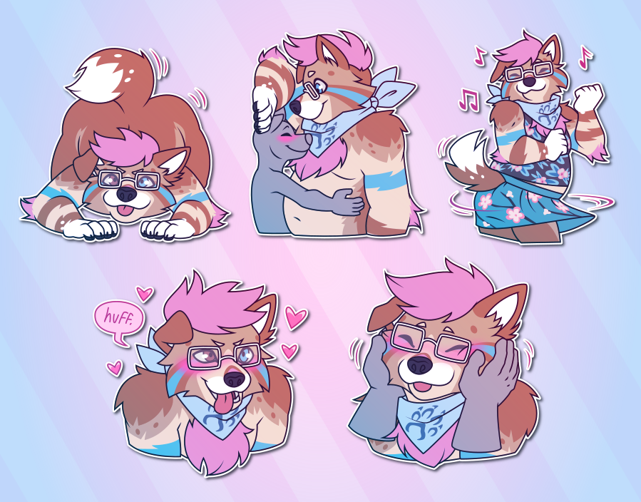 A collection of Telegram stickers of an anthro dog with glasses and a bandana. In them, they crouch on the ground and wiggle their tail and rump in the air as if about to pounce; press against a smaller character, who blushes and hugs their belly; dance and twirl in a floral skirt and tank top; lean forward with their tongue out, blushing and saying "huff"; and get their face smushed by another character's hands.