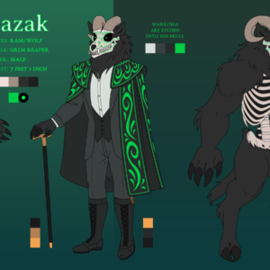 A reference sheet for an anthro ram/wolf hybrid named Dazak. He stands at seven feet and one inch tall and serves as a grim reaper. His face is a horned wolf skull and his rib cage and spine are exposed, but the rest of his body is covered in black hair. His skull has green markings etched into it. He wears an Edwardian-era black formal suit with a black capote de paseo style cape decorated with green embroidery, and carries a gold-tipped cane. He also has a larger, 13 foot tall beastly form with a sturdier frame, digitigrade legs, glowing skull markings, and green fire seeping from his mouth.