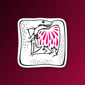 A sticker design of an abstract serpent with sharp teeth and tiny legs, biting its own tail. The illustration is in black and white, except for bright pink-red blood splashing from the bite