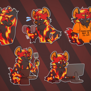 A collection of Telegram stickers of an anthro African wild dog with flame-like markings. In them, they sniff under their arm; lift a dumbbell in one arm; grin smugly while wearing a shirt that says "don't bully me I'll cum"; wear an apron and cook food in a pan; and play games at a computer with a mouse and keyboard.