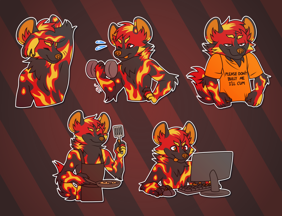 A collection of Telegram stickers of an anthro African wild dog with flame-like markings. In them, they sniff under their arm; lift a dumbbell in one arm; grin smugly while wearing a shirt that says "don't bully me I'll cum"; wear an apron and cook food in a pan; and play games at a computer with a mouse and keyboard.