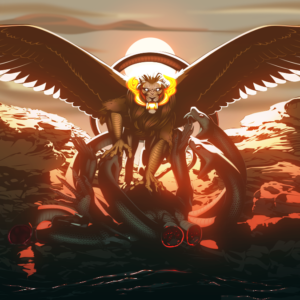 A mixed vector and 3D illustration of a chimera fighting a hydra on a rocky beach at sunset. the chimera has hawk talons and wings and a scaly serpent tail curling behind him. His head is that of a sabertooth lion and he's breathing fire. He tackles the hydra which is missing two of its five heads - the stumps are burnt and smoldering.