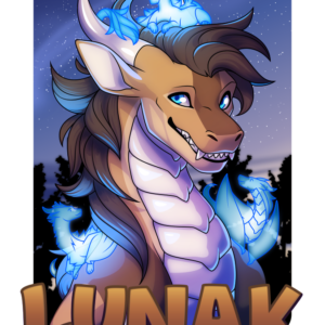 Vector badge art of a grinning brown and white dragon with curved horns and a wild dark brown mane. He's surrounded by three smaller glowing blue dragon spirits that look similar to him, who sit on his head and each of his shoulders. Behind him is a dark forest at twilight with a starry sky above. Below him is the name "Lunak (the potato)"
