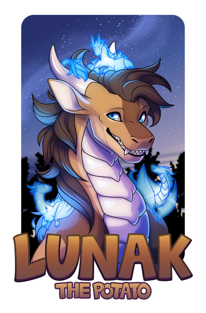 Vector badge art of a grinning brown and white dragon with curved horns and a wild dark brown mane. He's surrounded by three smaller glowing blue dragon spirits that look similar to him, who sit on his head and each of his shoulders. Behind him is a dark forest at twilight with a starry sky above. Below him is the name "Lunak (the potato)"