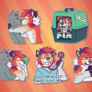 A collection of Telegram stickers of an anthro fox/wolf hybrid. In them, he pushes another character against a wall and passionately kisses them; sits in a small pet carrier crate with a label that says "in transit", looking excited; sleeps while snuggling with another character who is behind him; wears scrubs and holds up a stethoscope looking goofy and unfocused, with text that reads "doctoring so hard right now"; and looking disgusted while staring at his phone.