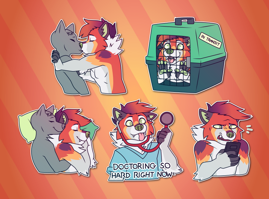 A collection of Telegram stickers of an anthro fox/wolf hybrid. In them, he pushes another character against a wall and passionately kisses them; sits in a small pet carrier crate with a label that says "in transit", looking excited; sleeps while snuggling with another character who is behind him; wears scrubs and holds up a stethoscope looking goofy and unfocused, with text that reads "doctoring so hard right now"; and looking disgusted while staring at his phone.