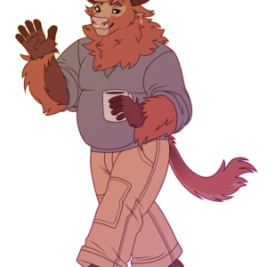 A flat-colored illustration of a burly anthro yak. He's wearing a sweater and cargo pants and waving with one hand while holding a cup of coffee in the other. He wears gold jewelry on his horns.