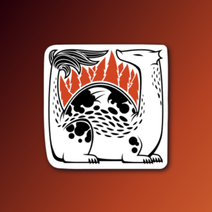 A sticker design of a very large abstract dragon with a relaxed expression, tiny wings, and a furry tail. The illustration is in black and white, except for orange trees on the back of the dragon.