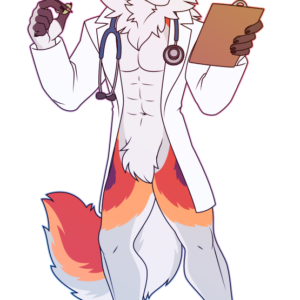 A flat-colored illustration of a muscular anthro wolf-fox hybrid. He holds a pen in one hand a clipboard in the other, and wears a white doctor's coat with a stethoscope around his neck.