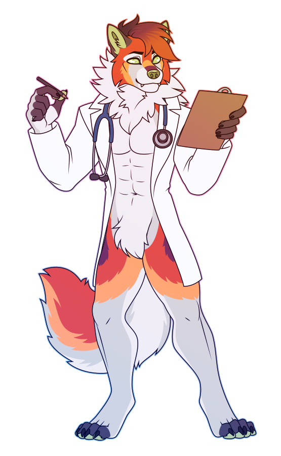 A flat-colored illustration of a muscular anthro wolf-fox hybrid. He holds a pen in one hand a clipboard in the other, and wears a white doctor's coat with a stethoscope around his neck.