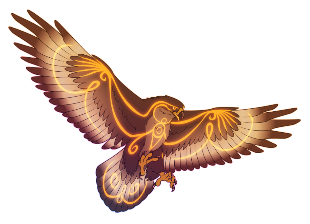 A flat-colored illustration of a large eagle. Their feathers are shades of golden brown and they're covered in swirling golden markings that gently glow.